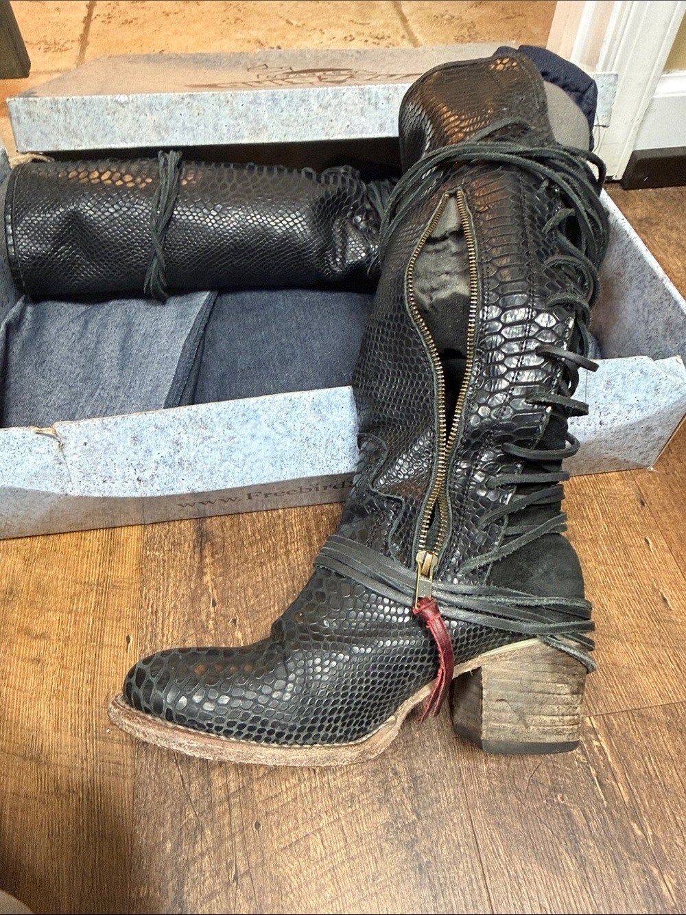 Freebird by Steven Black Snakeskin Lace-Up Mid-Calf Boots